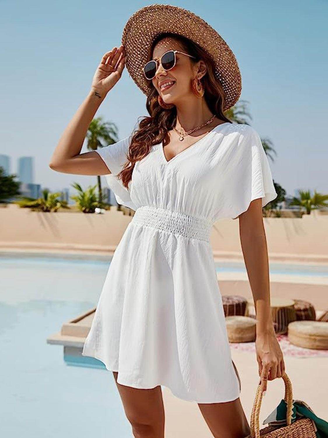 Smocked V-Neck Short Sleeve Dress for Effortless Style - Selvanelle