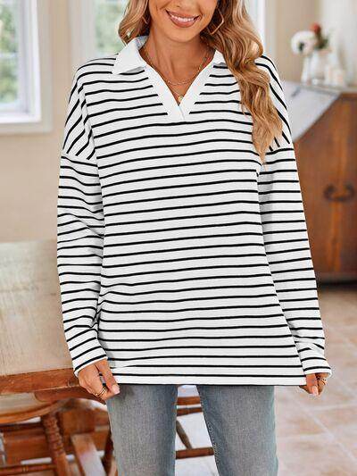 Lovelet Striped Johnny Collar Long Sleeve T-Shirt for Women - Selvanelle
