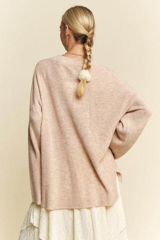 Davi & Dani High-Low Round Neck Drop Shoulder Sweater - Selvanelle