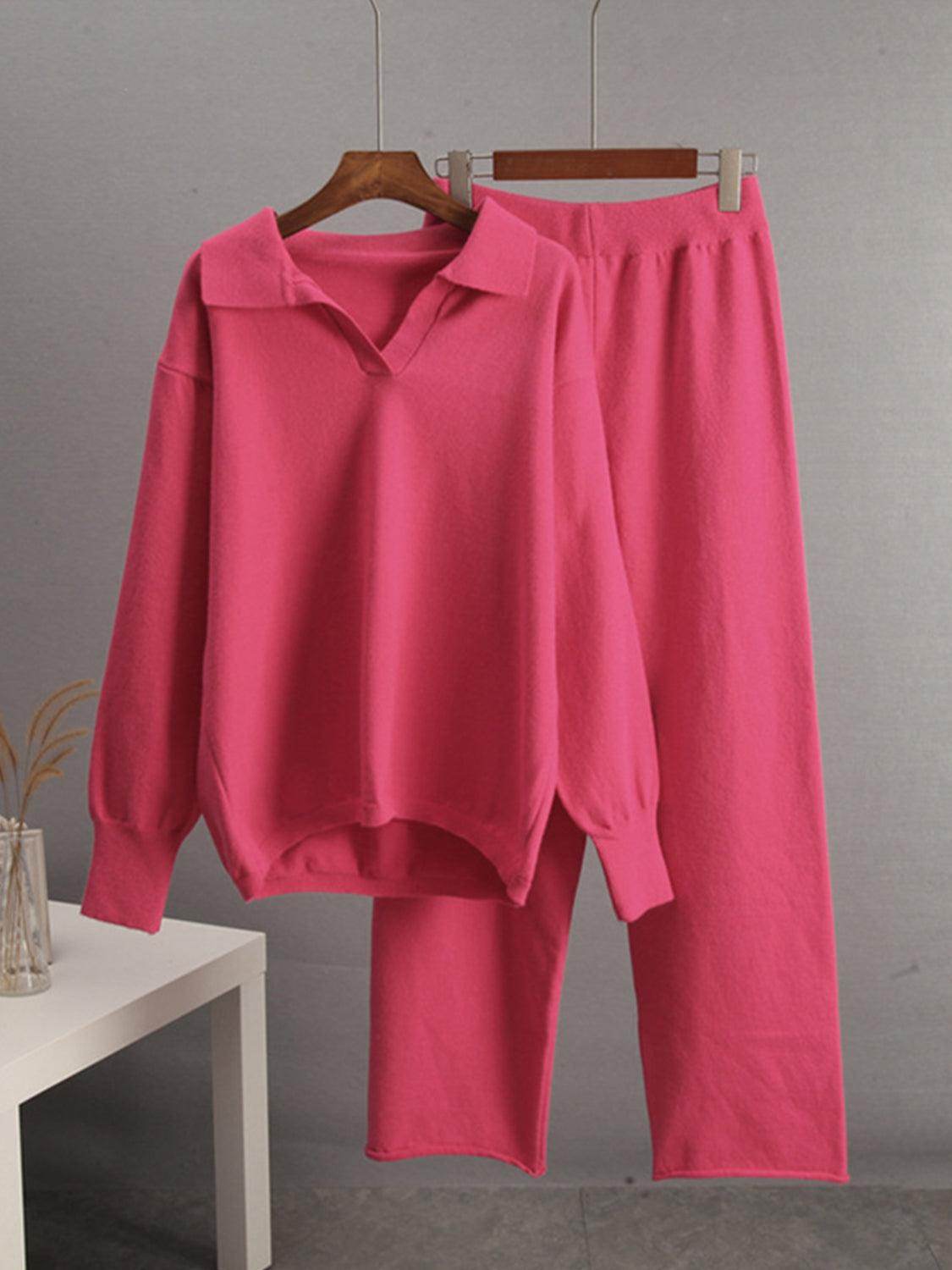 Johnny Collar Long Sleeve Top and Pants Sweater Set Women - Selvanelle