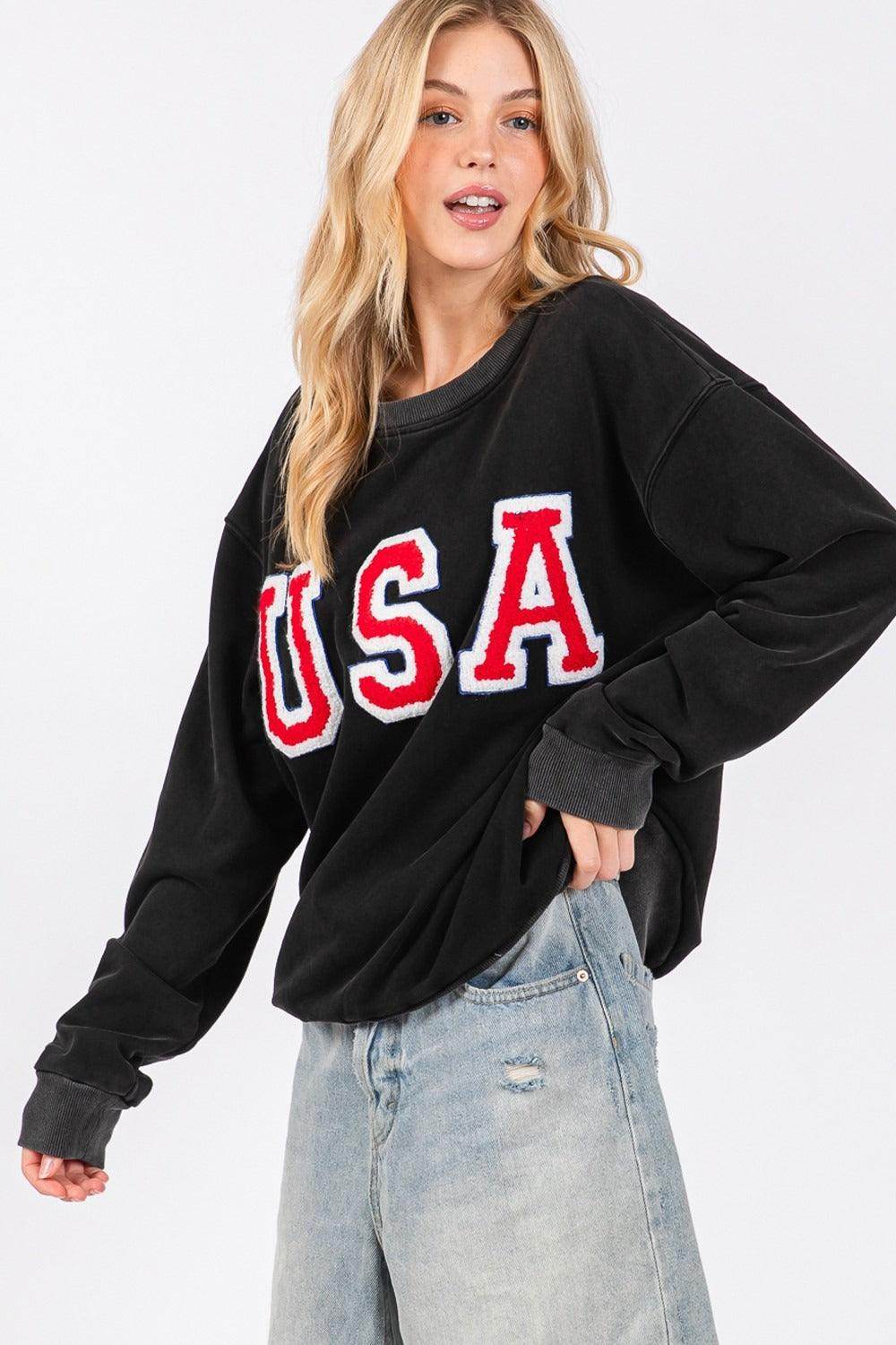 SAGE + FIG USA Letter Patch Round Neck Sweatshirt for Style - Selvanelle