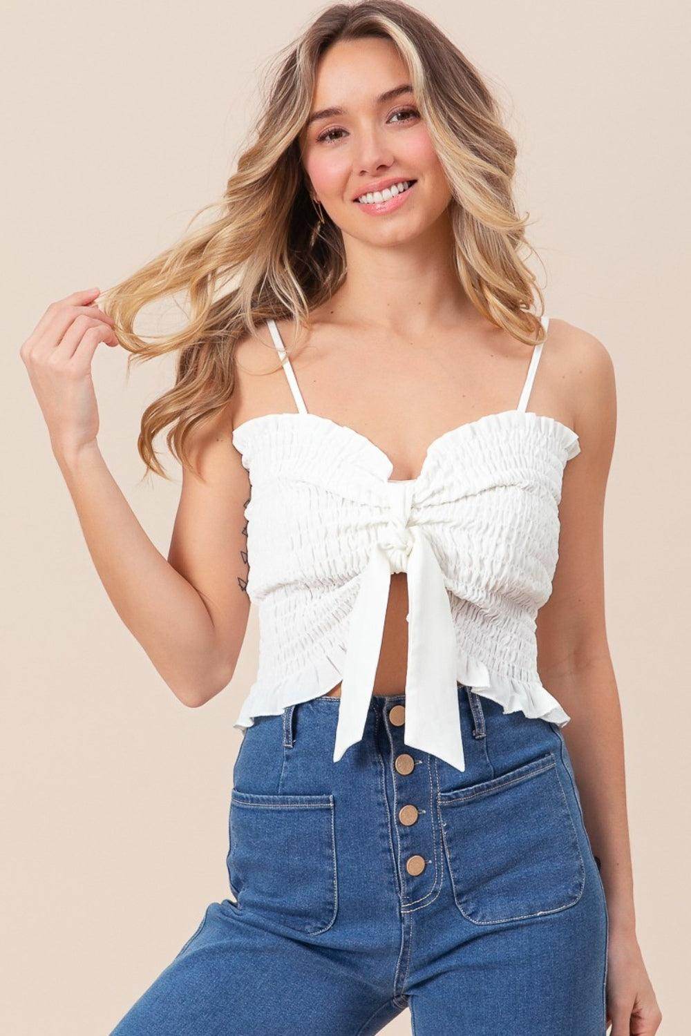 BiBi Ruffled Smocked Ribbon Detail Cami for Women - Selvanelle