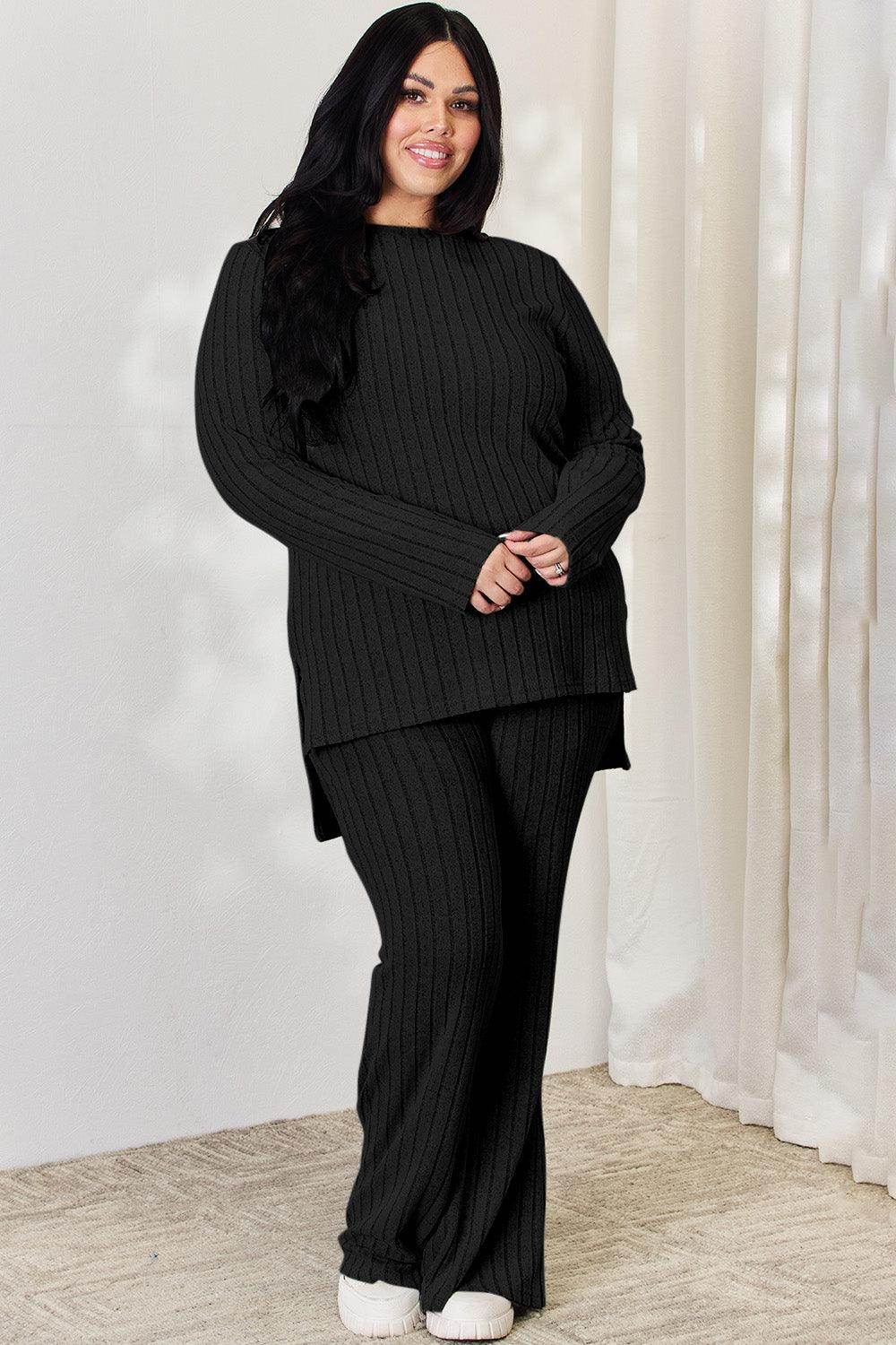 Basic Bae Full Size Ribbed High-Low Top and Wide Leg Pants Set - Selvanelle
