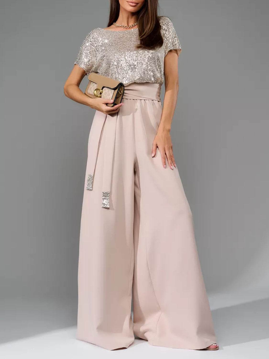 Full Size Sequin Round Neck Short Sleeve Wide Leg Jumpsuit - Selvanelle