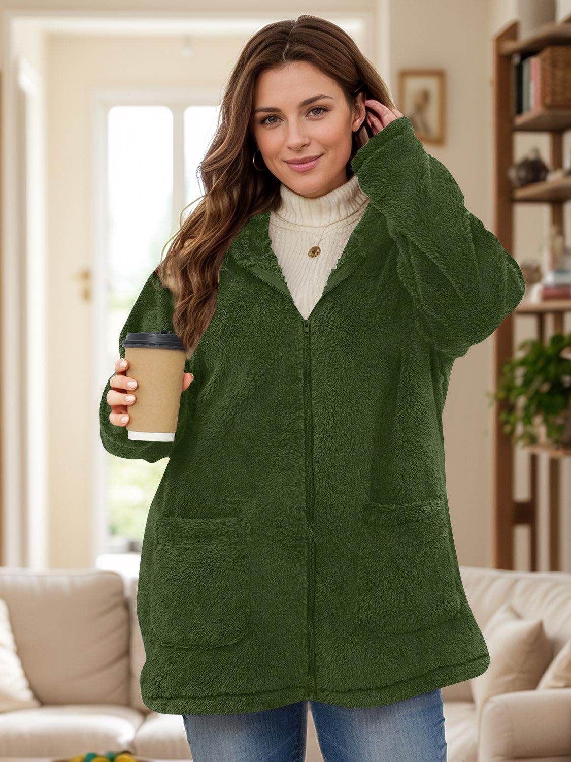 Plus Size Zip Up Long Sleeve Hooded Outerwear Jacket - Selvanelle