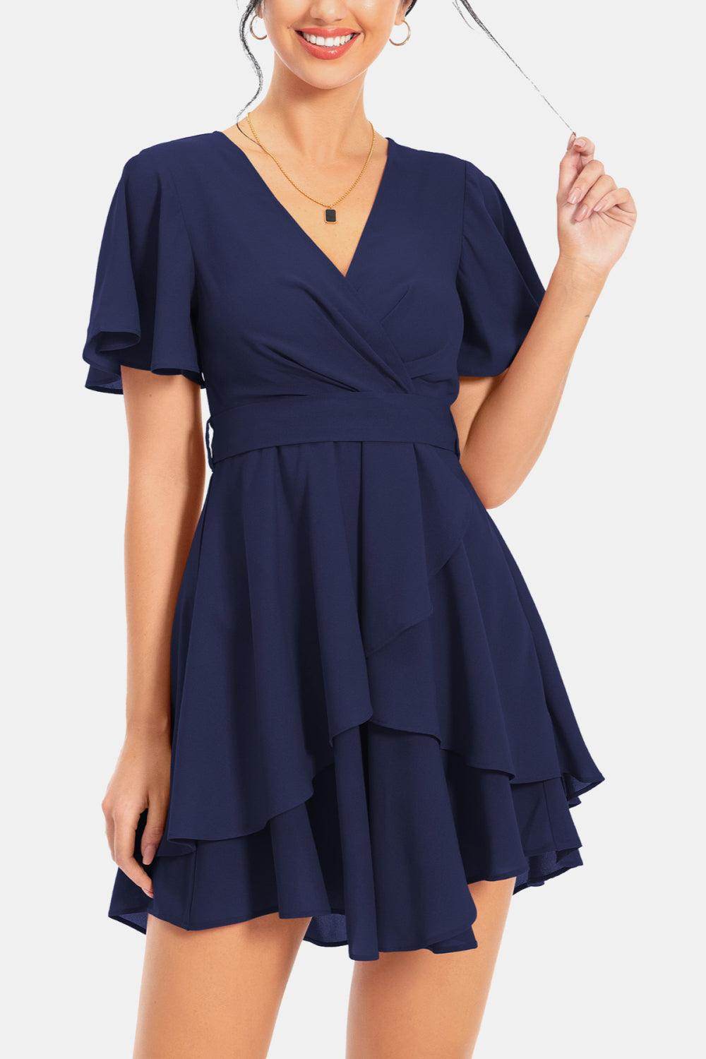 Surplice Neck Flutter Sleeve Dress for Chic Summer Style - Selvanelle