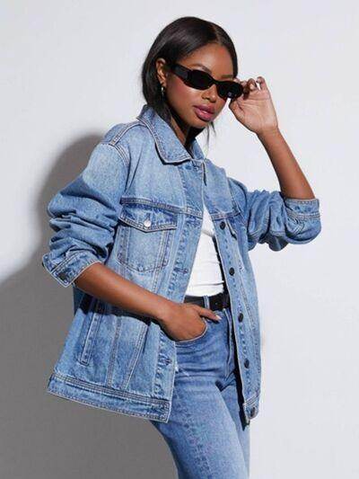 Button Up Collared Neck Denim Jacket for Women Fashion - Selvanelle