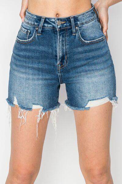 RISEN High Rise Raw Hem Distressed Denim Shorts for Women - Selvanelle