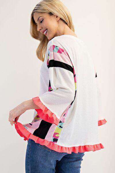 Celeste Full Size Ruffle Sleeve Color Block Top Plus Size - Selvanelle