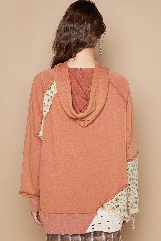 POL Floral Patchwork Distressed Drawstring Hoodie for Women - Selvanelle