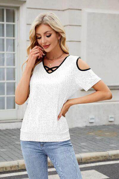Sequin Crisscross V-Neck Cold Shoulder Blouse for Women - Selvanelle