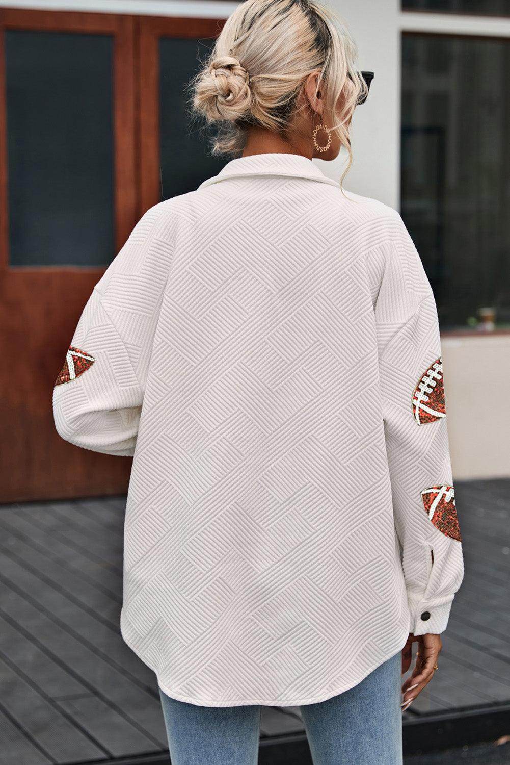 Sequin Football Patch Collared Neck Snap Button Jacket for Women - Selvanelle