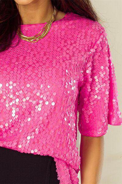 Sequin Round Neck Half Sleeve Blouse for Stylish Women - Selvanelle
