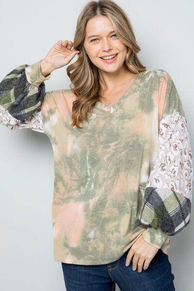 Celeste Full Size Tie-Dye V-Neck Printed Sleeve Blouse - Selvanelle