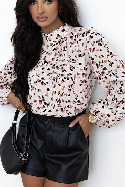 Printed Mock Neck Balloon Sleeve Blouse for Women - Selvanelle