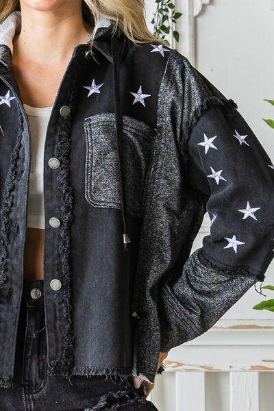 Veveret Star Embroidered Hooded Denim Jacket for Women - Selvanelle