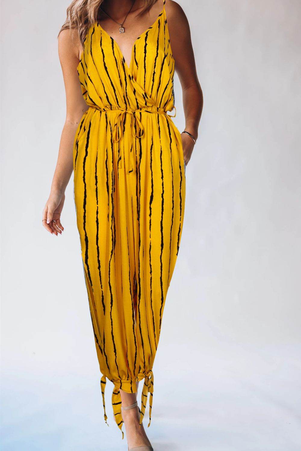 Striped Contrast Tie Ankle Spaghetti Strap Jumpsuit - Selvanelle