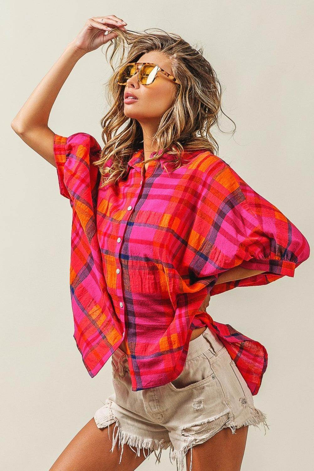 BiBi Button Up Dolman Sleeve Plaid Shirt for Women - Selvanelle