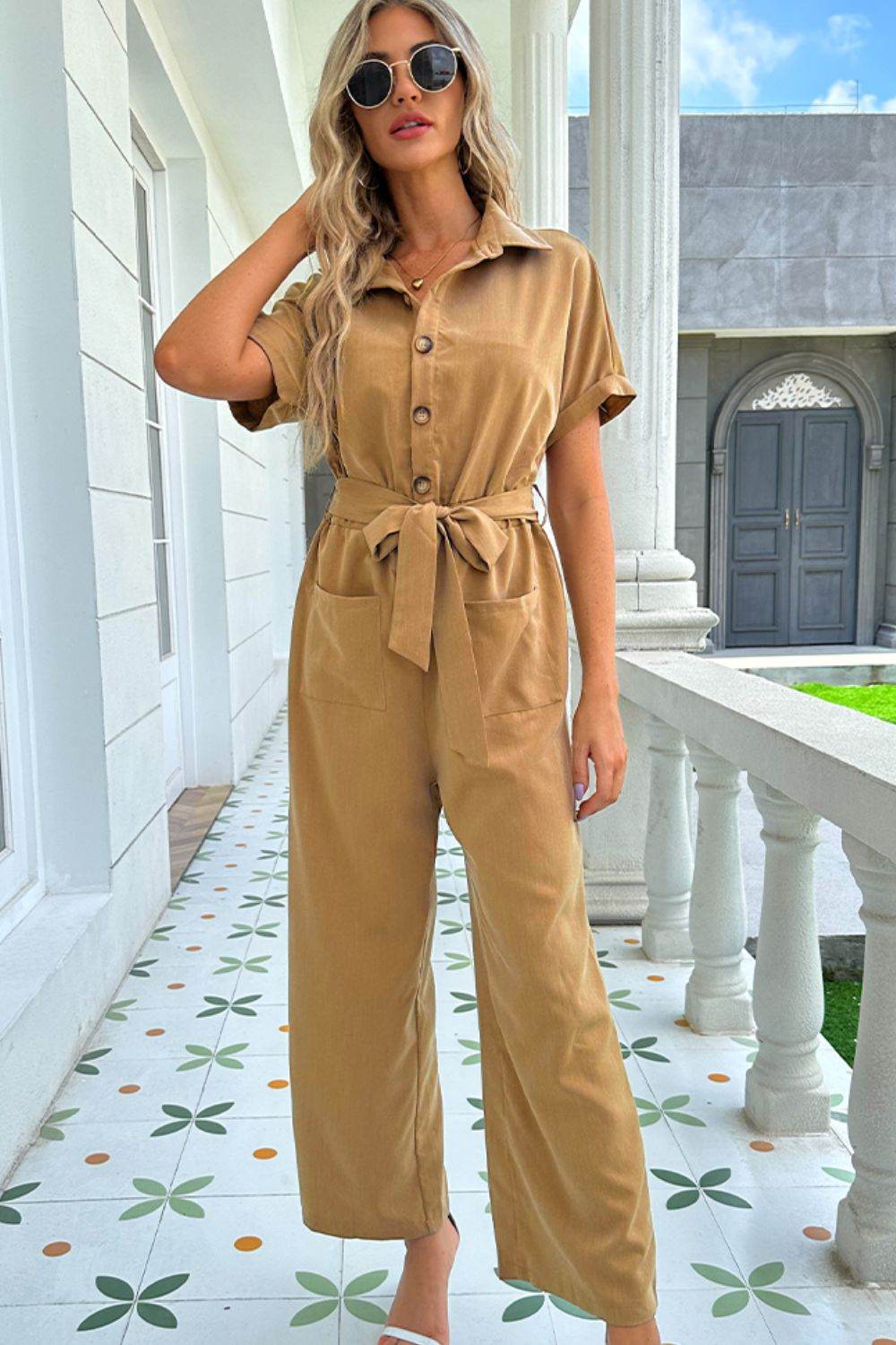 Shiny Tie Belt Buttoned Short Sleeve Collared Neck Jumpsuit - Selvanelle