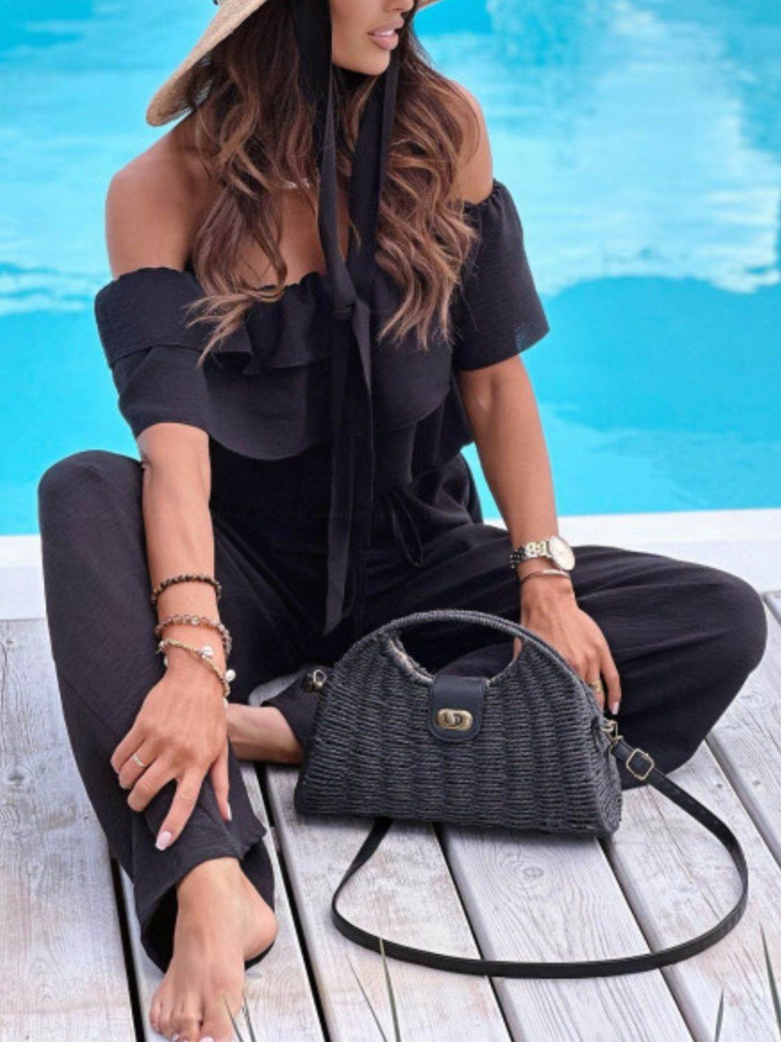Ruffled Off Shoulder Wide Leg Jumpsuit - Selvanelle