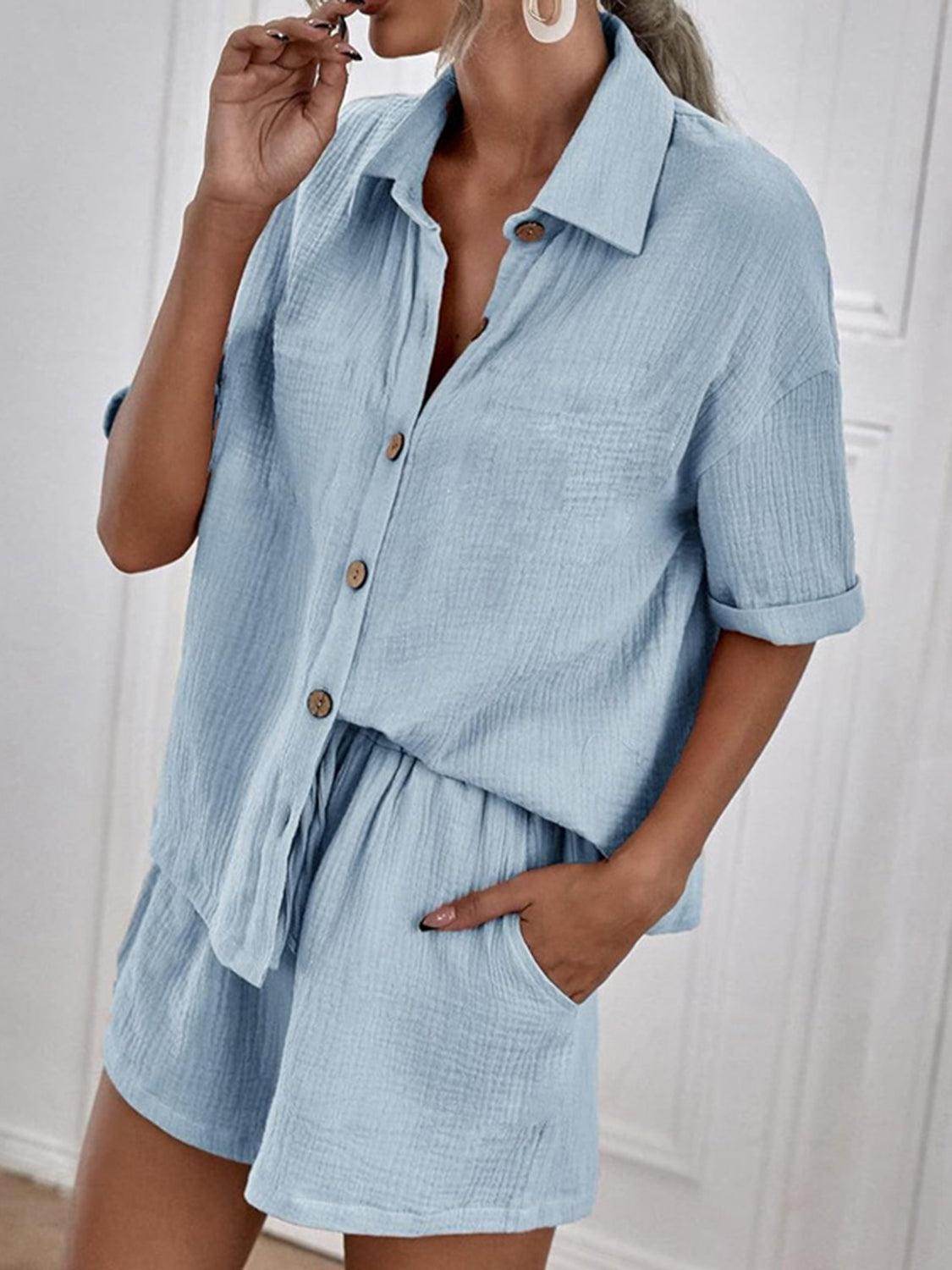 Button Up Short Sleeve Top and Shorts Set for Women - Selvanelle