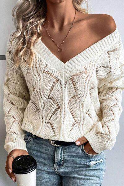 Openwork V-Neck Long Sleeve Sweater for Women Fashion - Selvanelle
