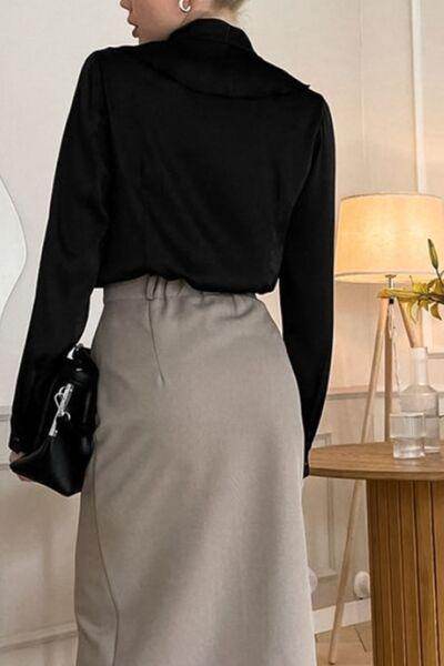 Ruffled Notched Long Sleeve Shirt for Women Stylish Fashion - Selvanelle