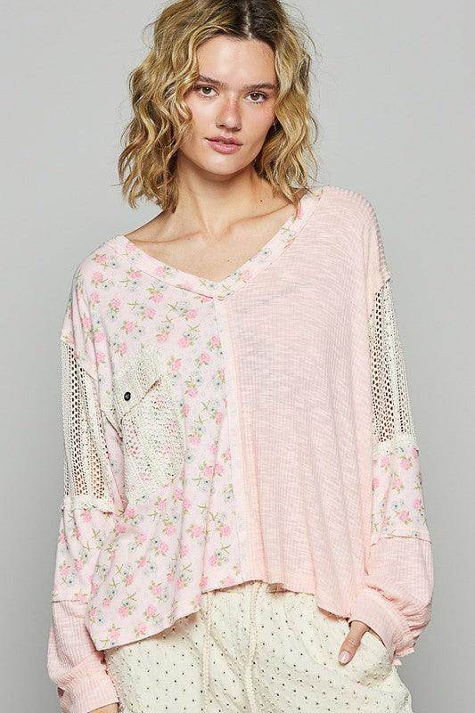 POL Floral Crochet Patch V-Neck Top for Stylish Women - Selvanelle