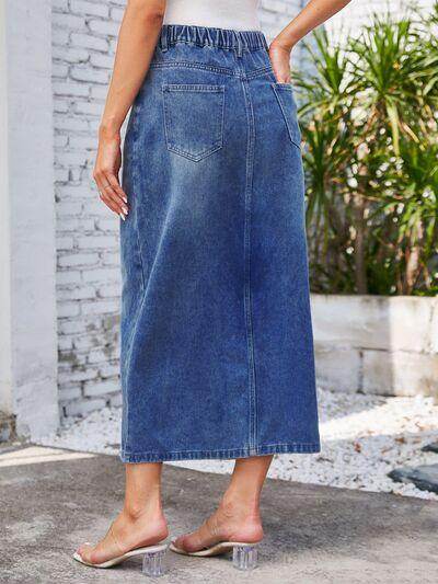 Slit Midi Denim Skirt with Pockets for Stylish Women - Selvanelle