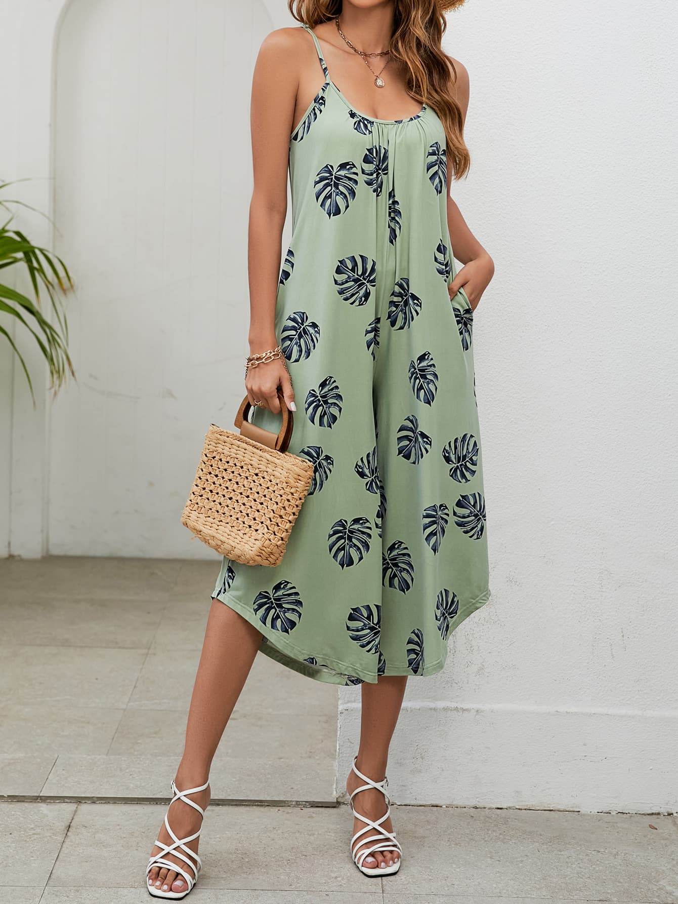 Botanical Print Spaghetti Strap Scoop Neck Jumpsuit - Selvanelle