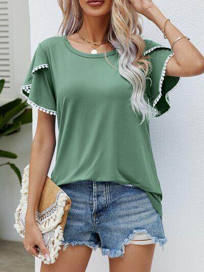 Pom-Pom Trim Flutter Sleeve Round Neck T-Shirt for Women - Selvanelle