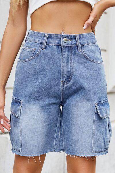 Raw Hem Washed Denim Shorts with Cargo Pockets for Women - Selvanelle