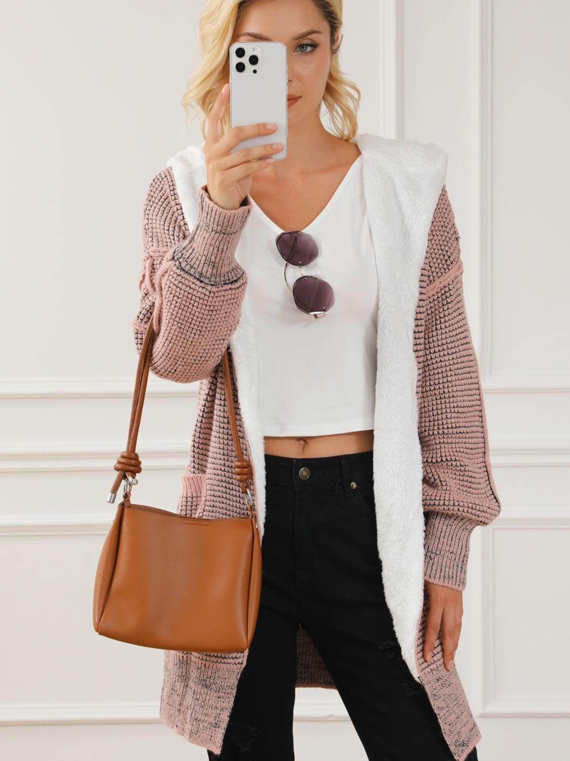 Open Front Hooded Winter Coat with Pockets for Women - Selvanelle