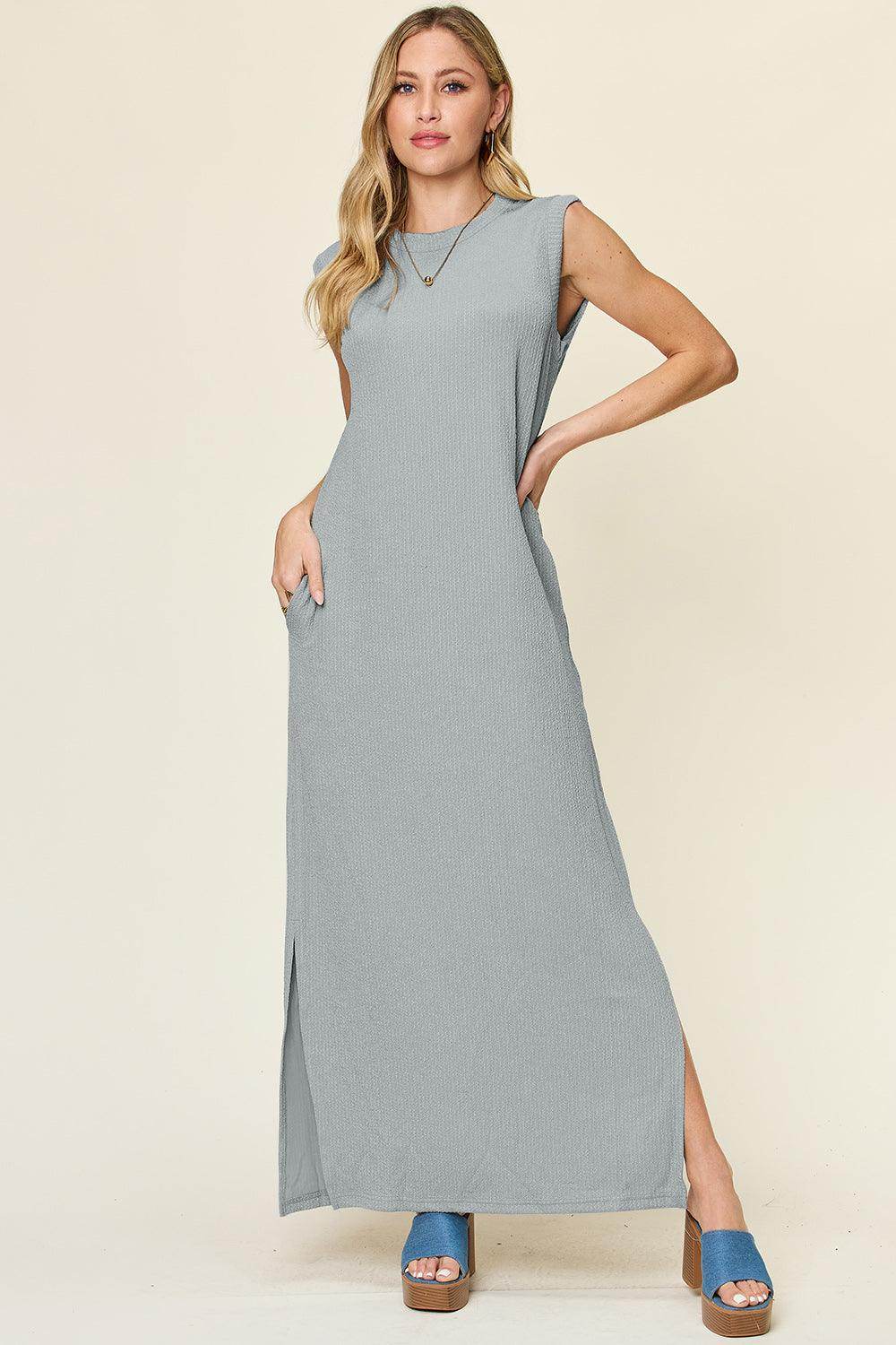 Double Take Full Size Texture Mock Neck Sleeveless Maxi Dress - Selvanelle