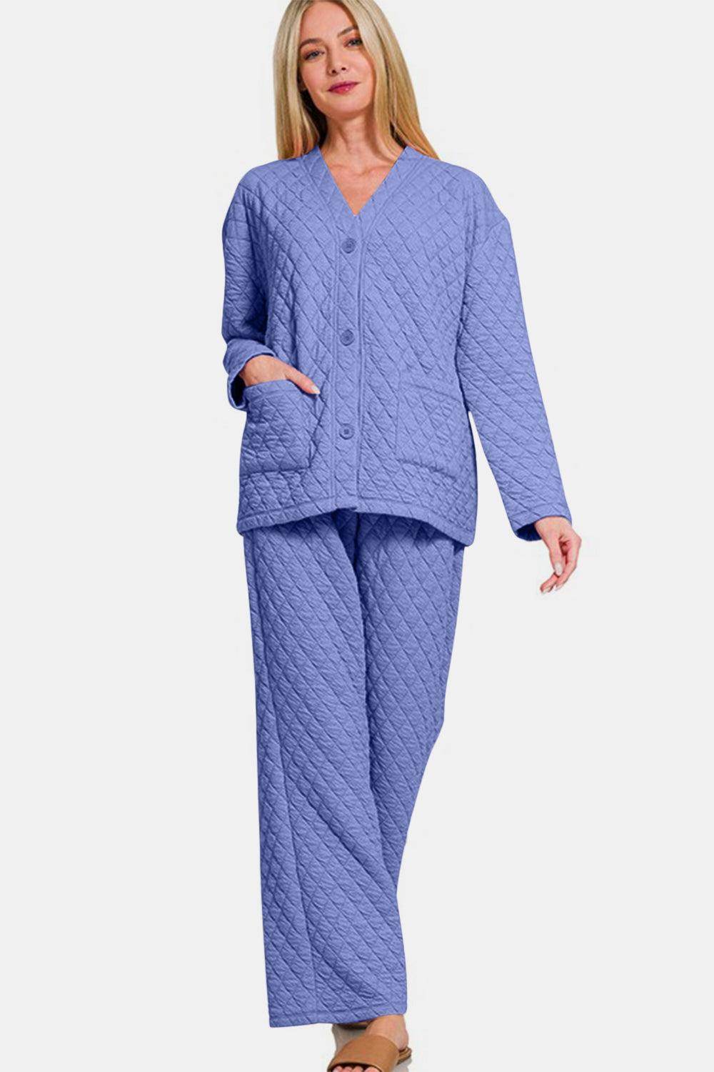 Zenana Quilted Button Up Long Sleeve Top And Pants Lounge Set - Selvanelle