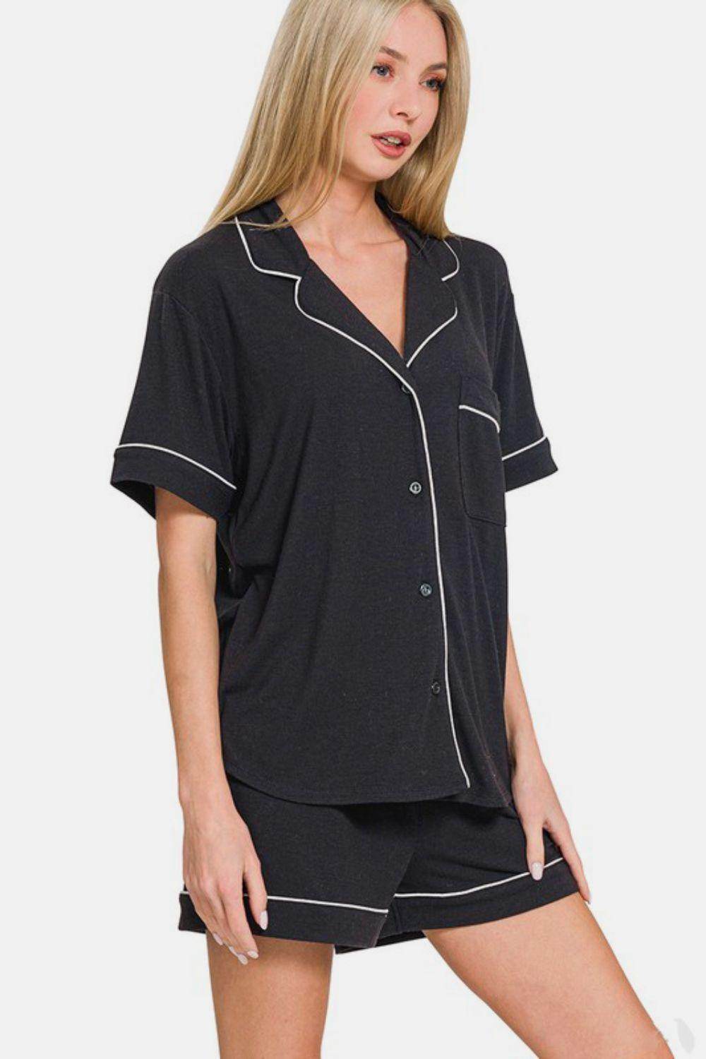 Zenana Button Down Short Sleeve Top and Shorts Lounge Set - Selvanelle