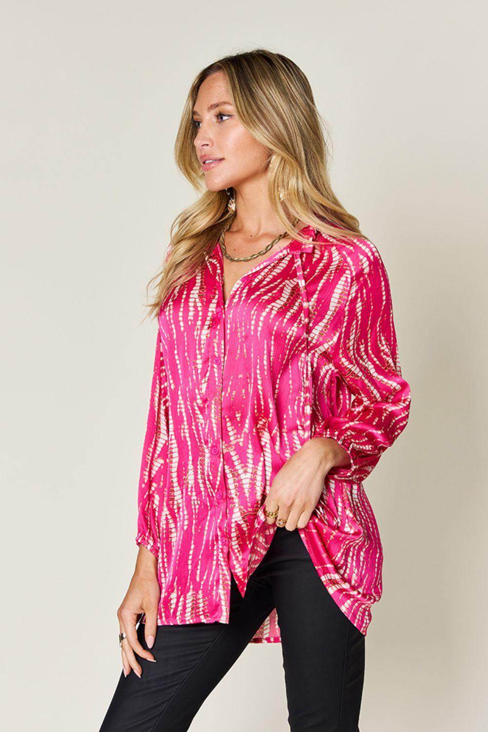 Double Take Full Size Printed Button Up Long Sleeve Shirt - Selvanelle