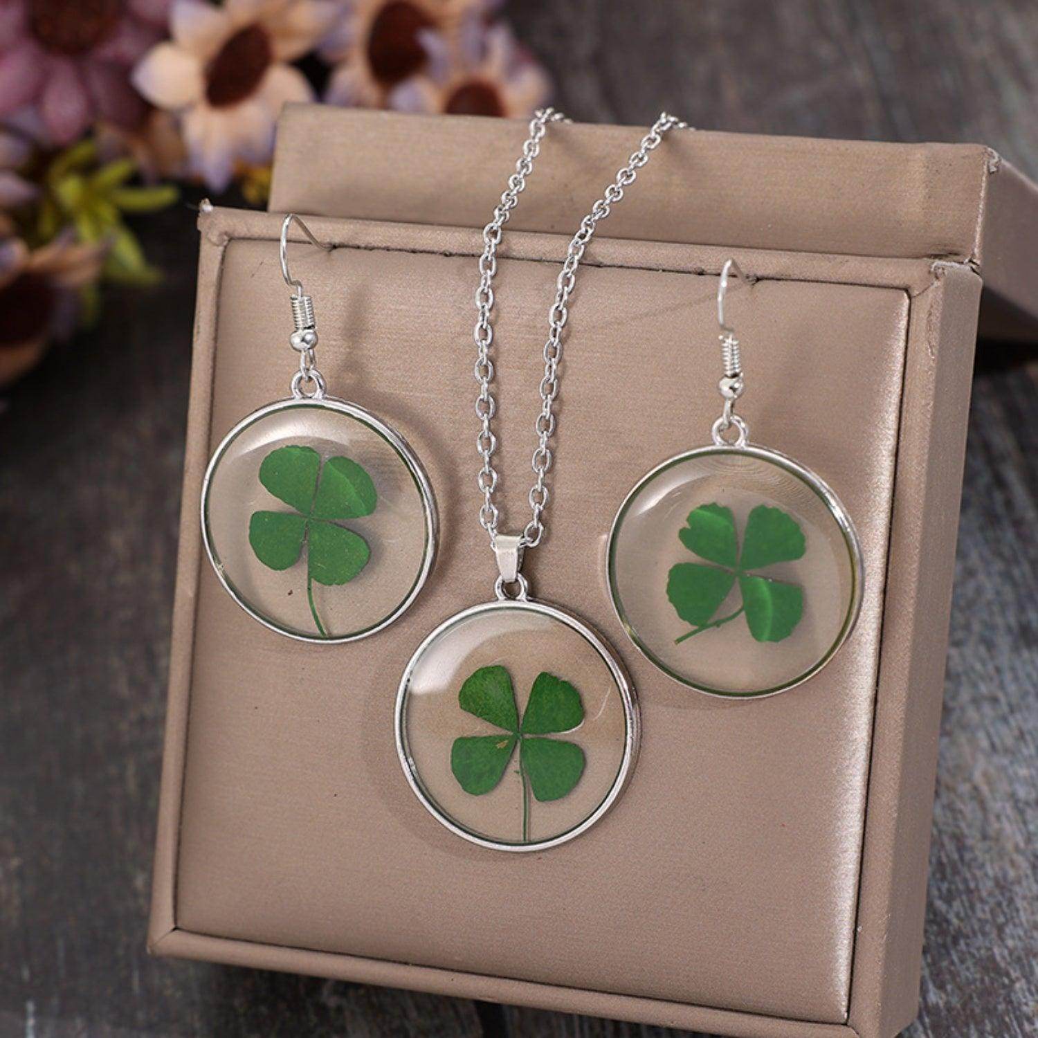 Lucky Clover Alloy Acrylic Earrings and Necklace Jewelry Set - Selvanelle