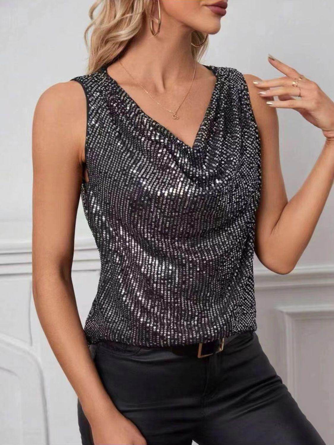 Sequin Cowl Neck Tank Top for Stylish Evening Wear - Selvanelle