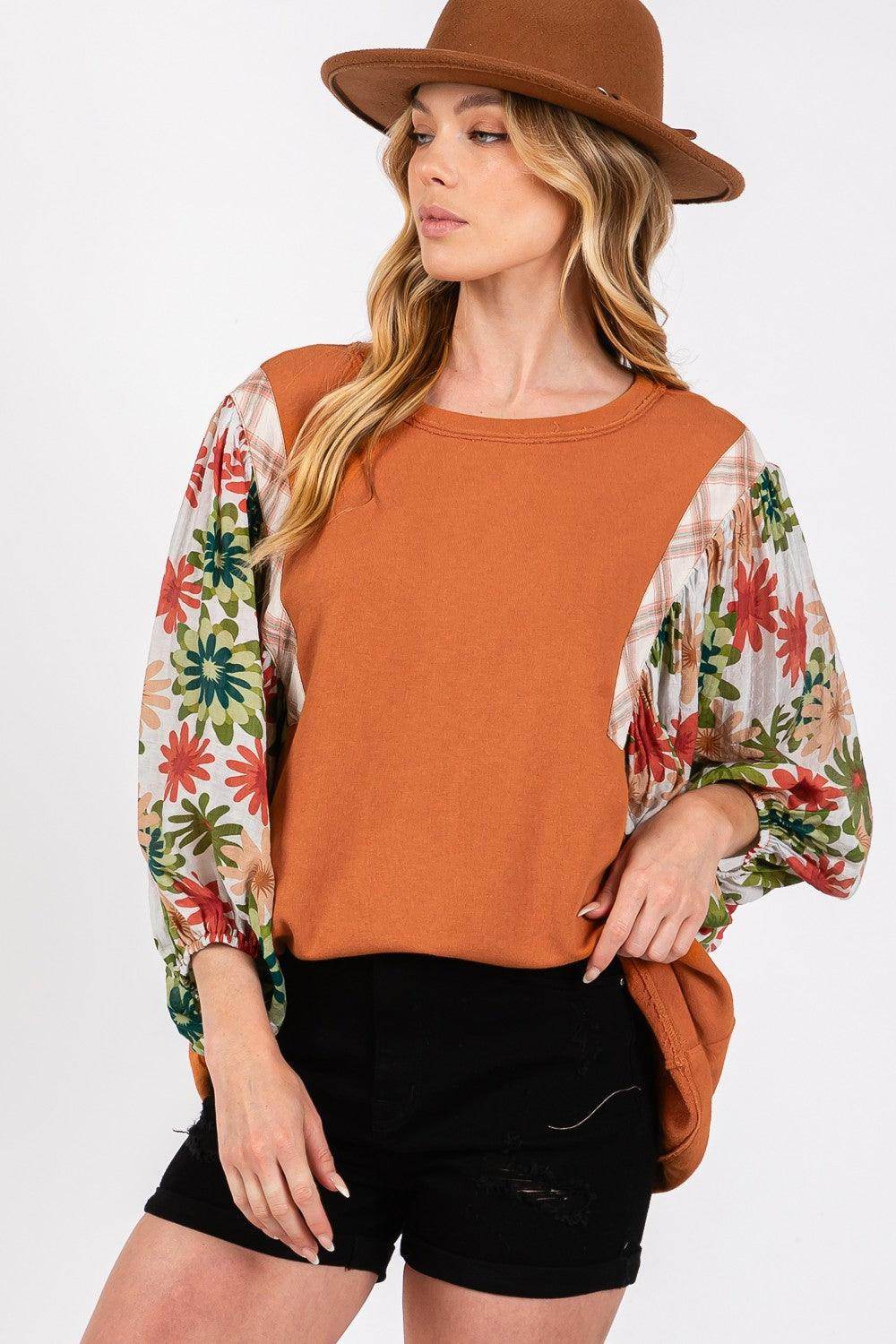 SAGE + FIG Full Size Printed Balloon Sleeve Contrast Top - Selvanelle