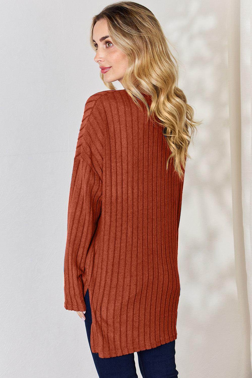 Basic Bae Full Size Ribbed Half Button Long Sleeve T-Shirt - Selvanelle
