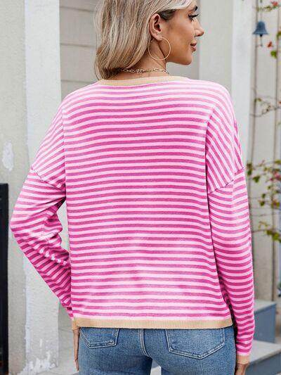 Striped Contrast Round Neck Long Sleeve Sweater for Women - Selvanelle