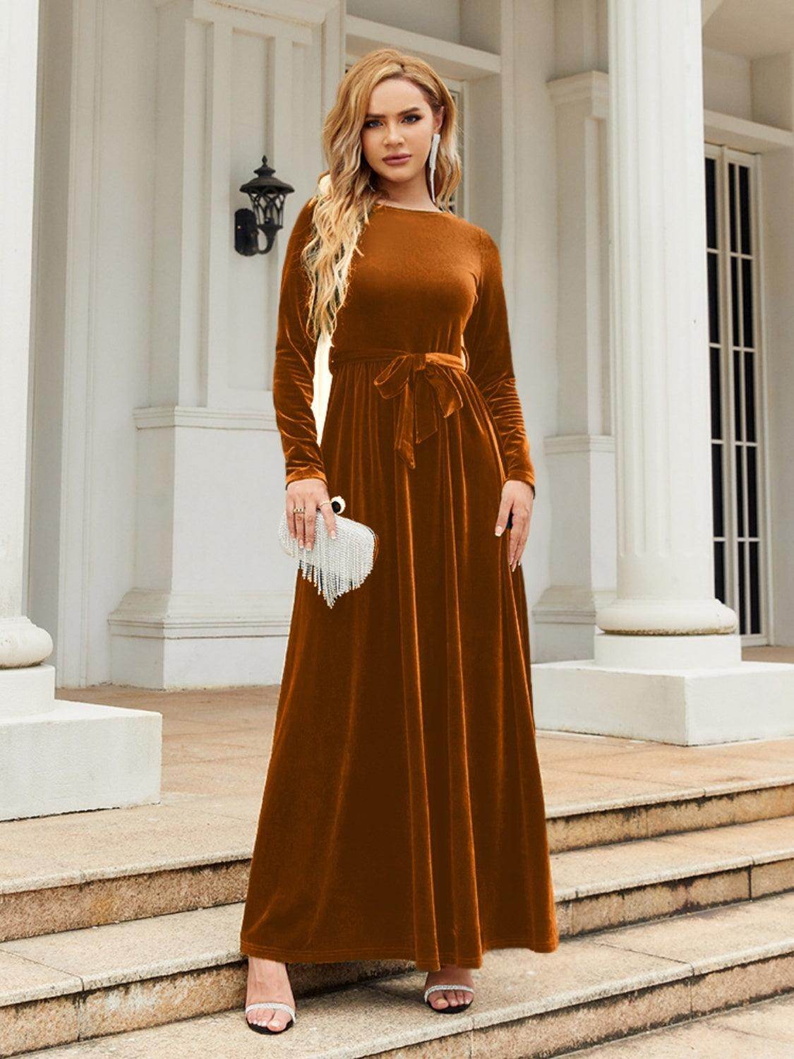 Tie Front Round Neck Long Sleeve Maxi Dress for Women - Selvanelle