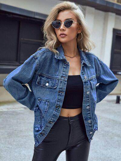 Pocketed Button Down Collared Neck Denim Top for Women - Selvanelle