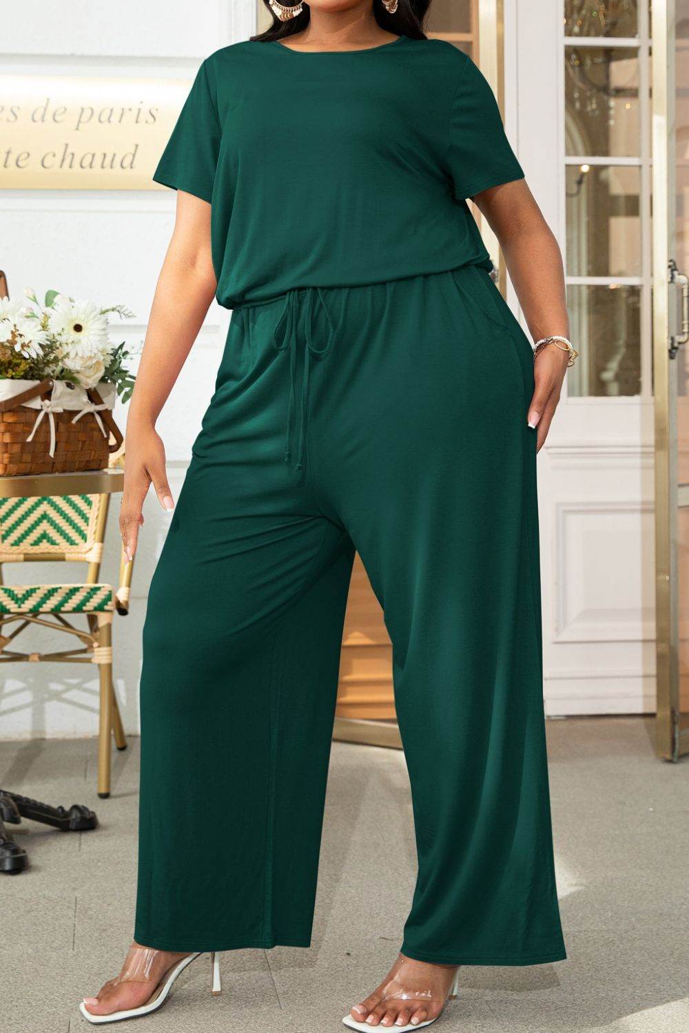 Plus Size Drawstring Waist Short Sleeve Jumpsuit - Selvanelle