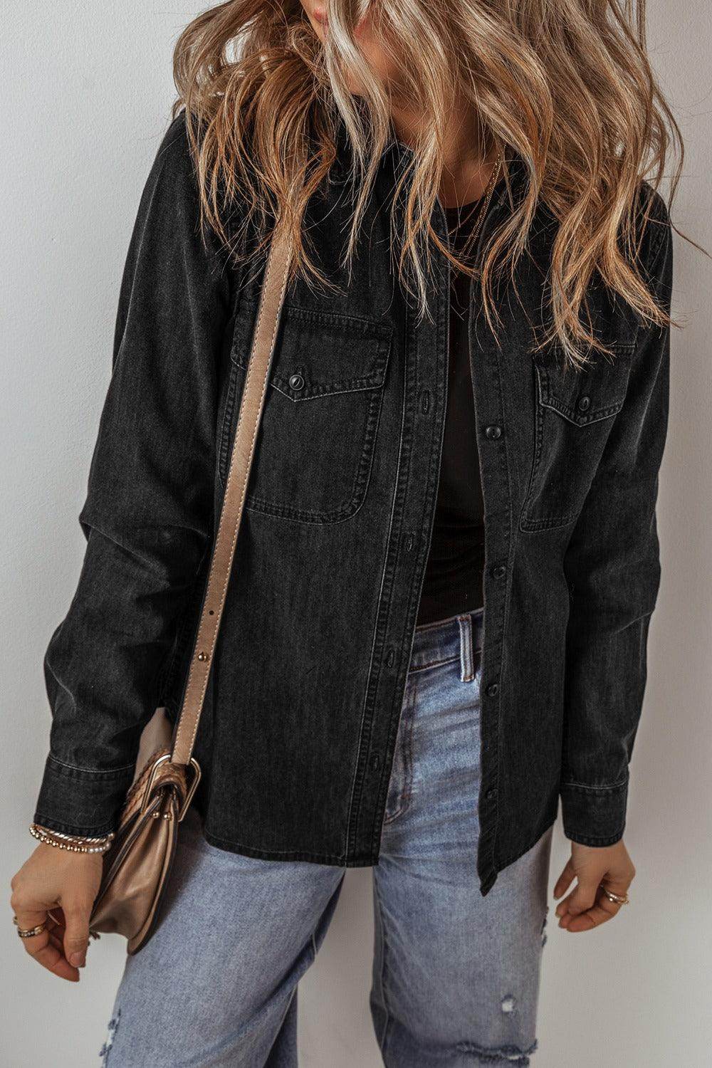 Button Up Long Sleeve Denim Jacket for Women Stylish Fit - Selvanelle