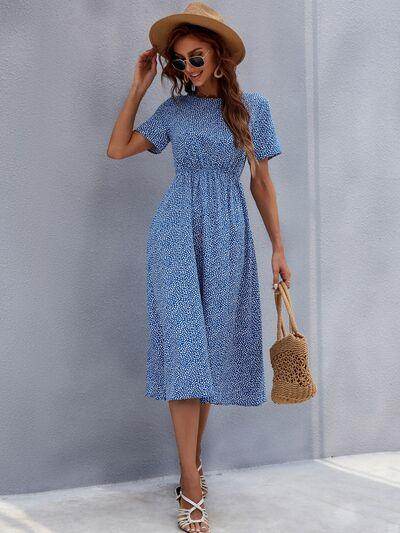 Honey Printed Round Neck Short Sleeve Midi Dress for Women - Selvanelle