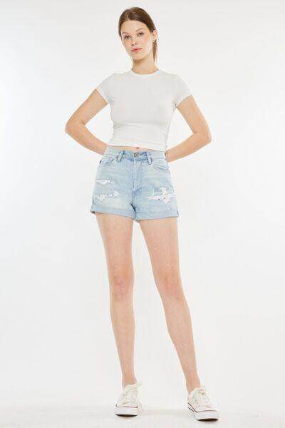 Kancan High Rise Repaired Mom Denim Shorts for Women - Selvanelle