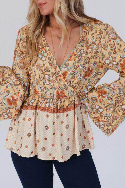 Peplum Printed Surplice Flare Sleeve Blouse for Women - Selvanelle