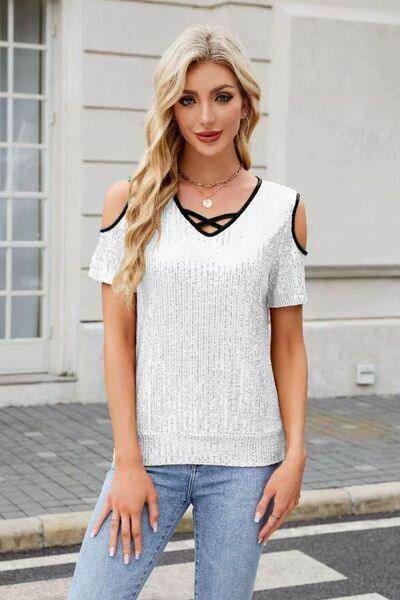 Sequin Crisscross V-Neck Cold Shoulder Blouse for Women - Selvanelle